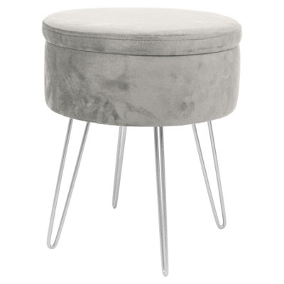 Round Velvet Storage Footstool - H45 x D36cm - Grey/Silver