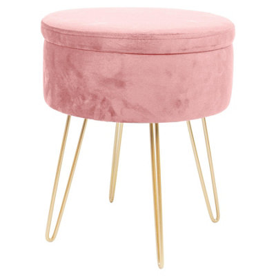 Round Velvet Storage Footstool - H45 x D36cm - Pink/Gold