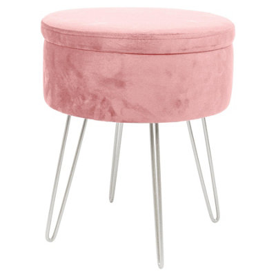 Round Velvet Storage Footstool - H45 x D36cm - Pink/Silver