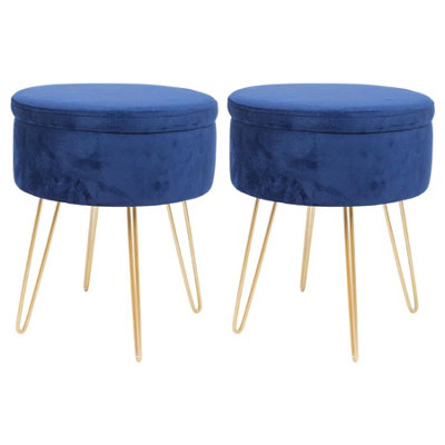 Round Velvet Storage Footstools - H45 x D36cm - Blue/Gold - Pack of 2