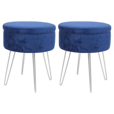 Round Velvet Storage Footstools - H45 x D36cm - Blue/Silver - Pack of 2