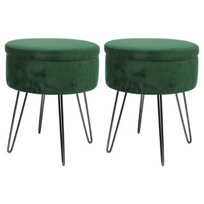 Round Velvet Storage Footstools - H45 x D36cm - Green/Black - Pack of 2