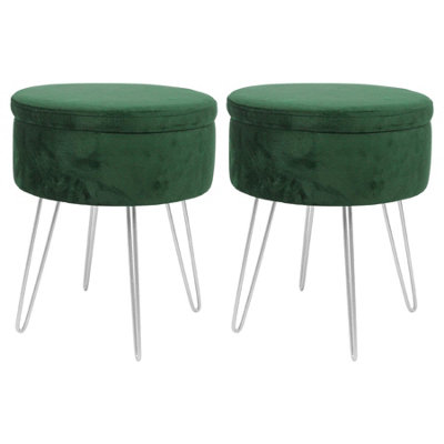 Round Velvet Storage Footstools - H45 x D36cm - Green/Silver - Pack of 2