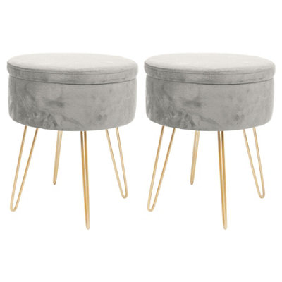 Round Velvet Storage Footstools - H45 x D36cm - Grey/Gold - Pack of 2