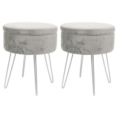 Round Velvet Storage Footstools - H45 x D36cm - Grey/Silver - Pack of 2