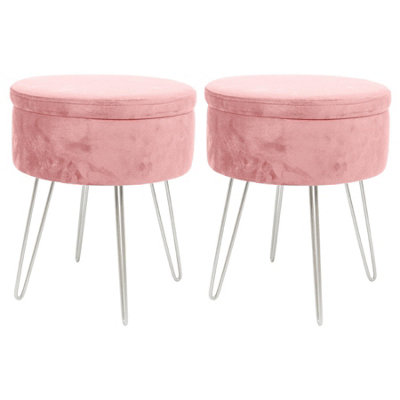 Round Velvet Storage Footstools - H45 x D36cm - Pink/Silver - Pack of 2