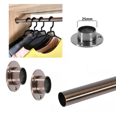 Round Wardrobe Rail Hanging Tube Pipe 1000mm Antique Copper Set with End Brackets - 3