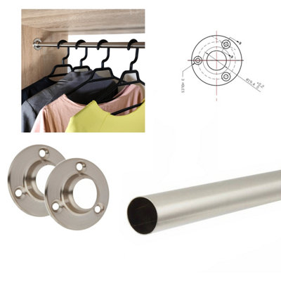 Round Wardrobe Rail Hanging Tube Pipe 1000mm Brushed Chrome Set with End Brackets - 3