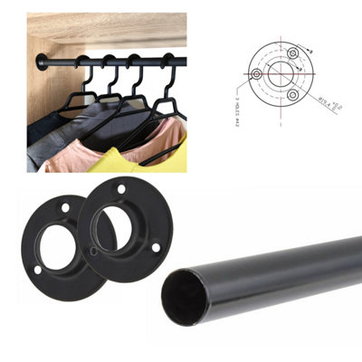 Round Wardrobe Rail Hanging Tube Pipe 1100mm Black Matt Set with End ...