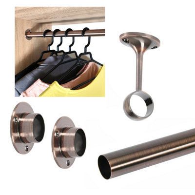 Round Wardrobe Rail Hanging Tube Pipe 1200mm Antique Copper Set with End Brackets - 3