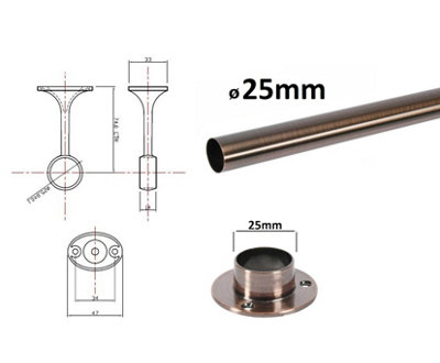 Round Wardrobe Rail Hanging Tube Pipe 1200mm Antique Copper Set with End Brackets - 4