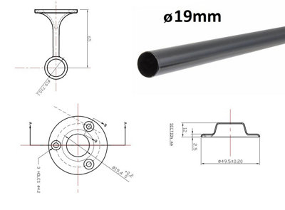 Round Wardrobe Rail Hanging Tube Pipe 1200mm Black Matt Set with End Brackets