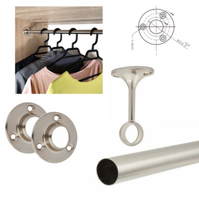 Round Wardrobe Rail Hanging Tube Pipe 1200mm Brushed Chrome Set with End Brackets - 3