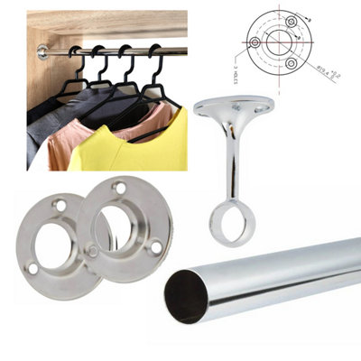 Round Wardrobe Rail Hanging Tube Pipe 1200mm Chrome Set with End Brackets - 3