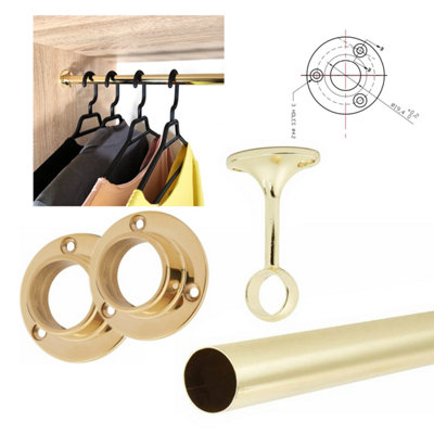 Round Wardrobe Rail Hanging Tube Pipe 1200mm Polished Gold Set with End Brackets
