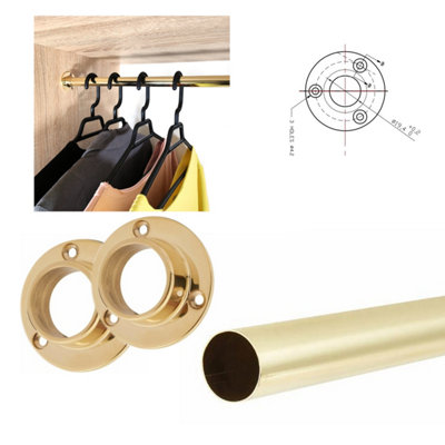 Round Wardrobe Rail Hanging Tube Pipe 300mm Polished Gold Set with End Brackets