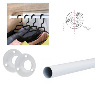 Round Wardrobe Rail Hanging Tube Pipe 500mm White Set with End Brackets