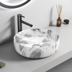 Round White Ceramic Marble Effect Texture Countertop Basin Bathroom Sink W 360 mm