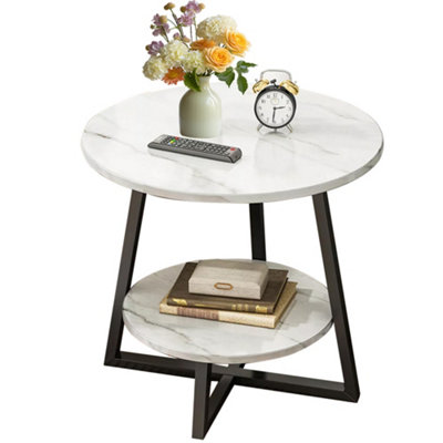 Round White Marble Effect 2-Tier Coffee & Side Table with Black Steel Frame