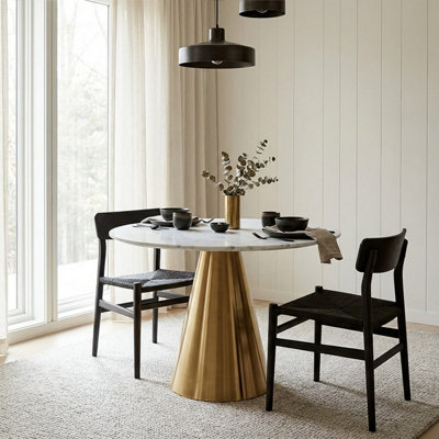 Round White Marble Top Dining Table, Geometric Conical Gold Base Design ...