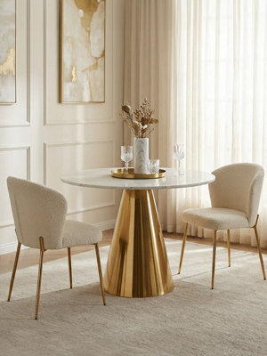 Round White Marble Top Dining Table, Geometric Conical Gold Base Design ...