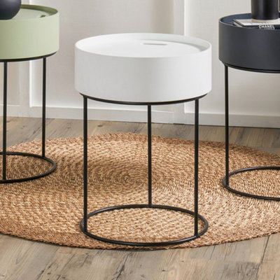 Round White Wood Storage Table with Metal Legs