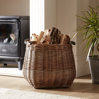 Round Wicker Fireside Kindling Basket Log Cradle Storage Bucket with Jute Hessian Lining