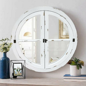 Round Window Garden Decorative Mirror-Distressed White