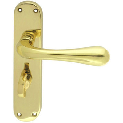 Rounded Flaired Bathroom Latch Door Handle - Polished Brass Lever On Backplate