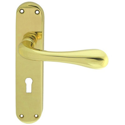 Rounded Flaired Latch & Lock Door Handle - Polished Brass Lever On ...