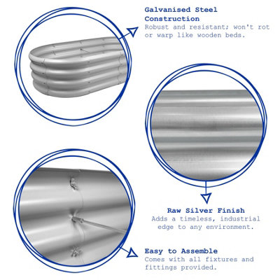 Rounded Galvanised Steel Raised Garden Bed - 180cm x 90cm - Silver