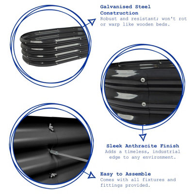 Rounded Galvanised Steel Raised Garden Beds - 180cm x 90cm - Anthracite - 2pc