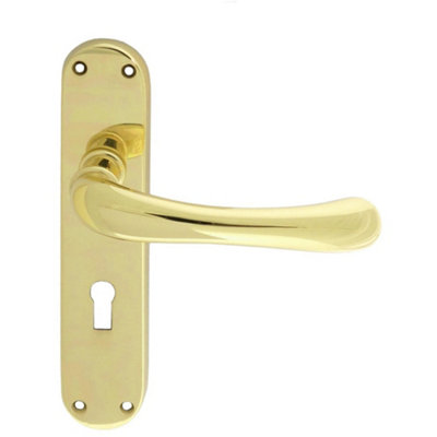 Rounded Smooth Latch & Lock Door Handle - Polished Brass Lever On Backplate