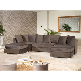 Rowan Large 338cm Wide Mole Taupe Velvet Fabric U-Shaped Corner Sofa with Chrome Effect Legs