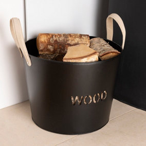 Rowan Large Leather Handled Fireside Wood Bucket Classic Style Iron Suede