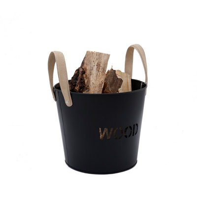 Rowan Small Leather Handled Fireside Wood Bucket Classic Style Iron Suede - 3
