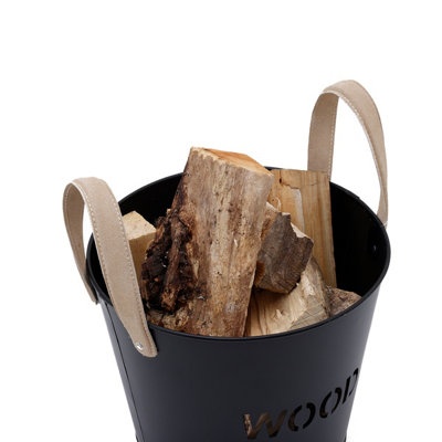 Rowan Small Leather Handled Fireside Wood Bucket Classic Style Iron Suede - 4