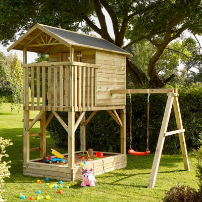 Rowlinson Beach Hut Playhouse with Sandpit Swing