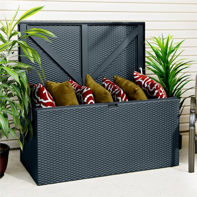 Rowlinson Metal Deck Storage Box Chest Cabinet Anthracite Grey Rattan Effect