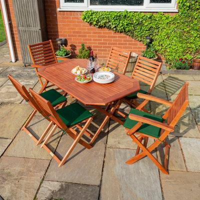 Rowlinson Plumley Hardwood Six Seat Dining Set - Green Cushions