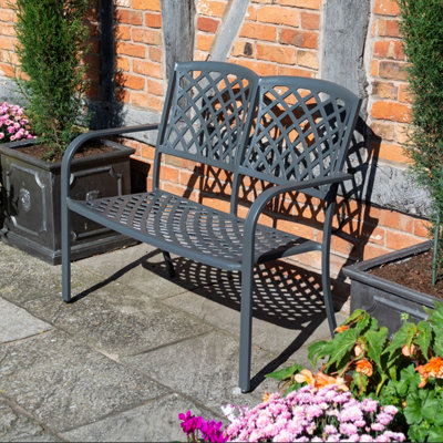 Rowlinson Vienna Aluminium Metal 2 Seater Bench Grey Garden Lattice ...