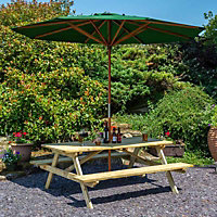 Rowlinson Wooden 6ft Picnic Table Bench 6 Seater Garden Patio Green Parasol Base