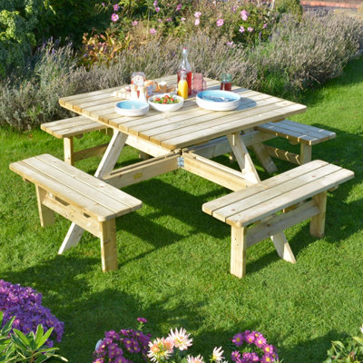 Rowlinson Wooden Square Picnic Table Bench 8 Seater Garden Patio Pub