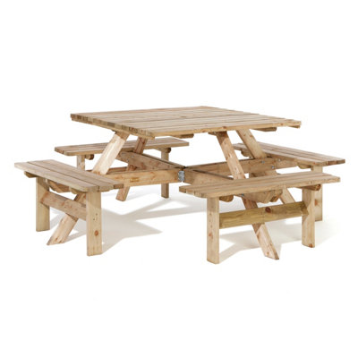 Rowlinson Wooden Square Picnic Table Bench 8 Seater Garden Patio Pub