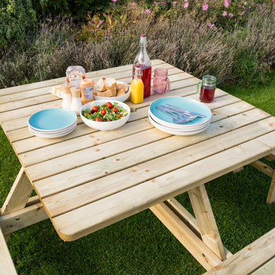 Rowlinson Wooden Square Picnic Table Bench 8 Seater Garden Patio Pub - 5