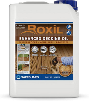 Roxil Enhanced Decking Oil - 5L Clear - Weatherproof, Nourish and Protect Outdoor Wood with Added UV Protection