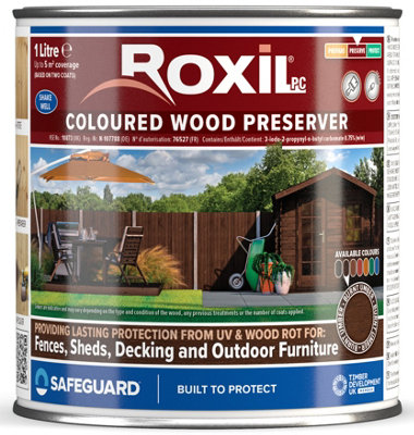 Roxil Wood Stain Preserver (1L Burnt Umber) - 5 Year Protection for Indoor & Outdoor Wood. No VOCs, Fast-Drying. 5 m Coverage