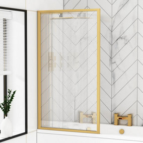 Royal Bathrooms 1400mm Brushed Brass Framed Straight Shower Fixed Fluted Bath Screen 5mm Toughened Safety Glass