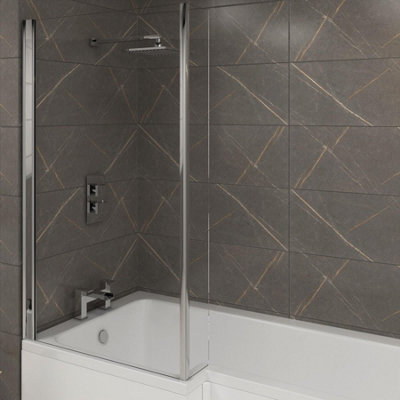 Royal Bathrooms 1400mm L-Shaped Chrome Shower Fixed Bath Screen with Hinged Flipper Panel 6mm Toughened Safety Glass