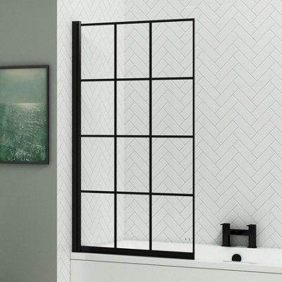 Royal Bathrooms 1400mm Matt Black Grid Framed Straight Shower Hinged Bath Screen 5mm Toughened Safety Glass